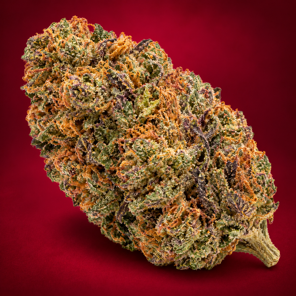 Illustration de la fleur Blood Orange Diesel CBD sur fond bordeaux — CBD Express
