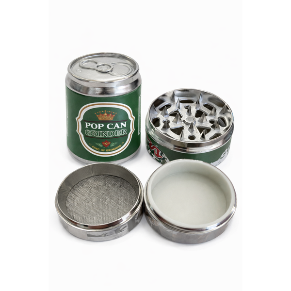 Grinder Pop Can (cannette) discret en métal, présenté en quatre parties, parfait pour la collection Nos Accessoires et Nos Grinders & Balances.