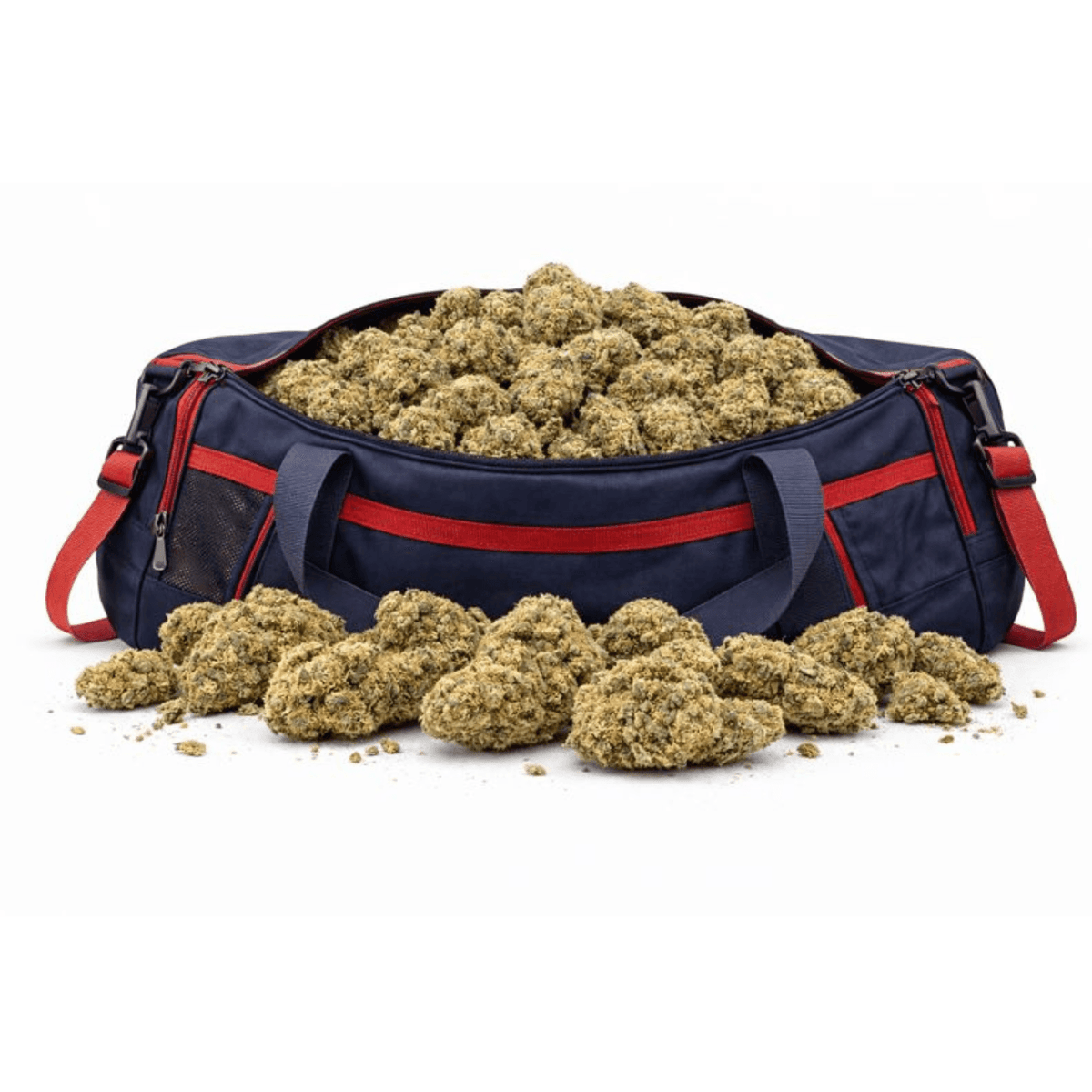 Fleur CBD "Harlequin California" en vrac dans un sac bleu, issue de la collection CBD Naturel, Fleurs CBD, Nos promos.
