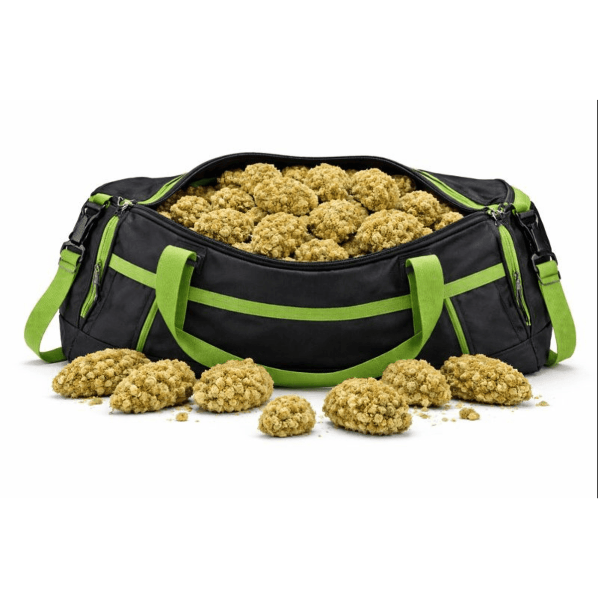 Fleur CBD Naturel "Raspberry CBD" présentation d’une grande quantité de fleurs CBD dans un sac sport noir et vert, collection CBD Naturel.