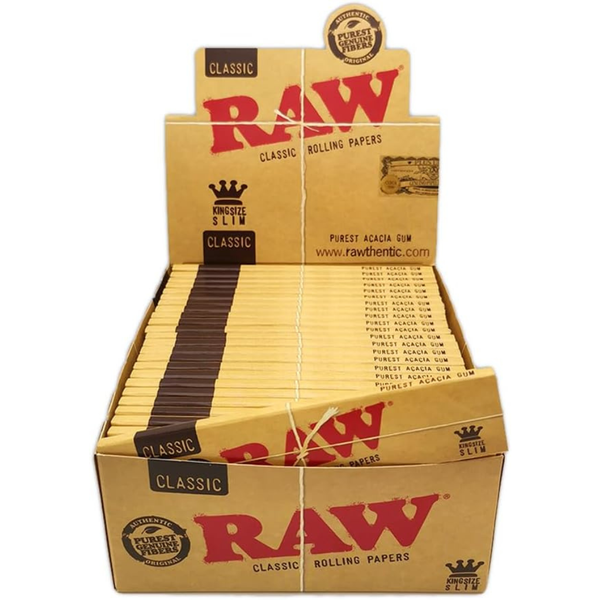Boîte de feuilles à rouler Feuille Raw en format King Size Slim, disponible dans Nos Petits Prix et Nos Accessoires.