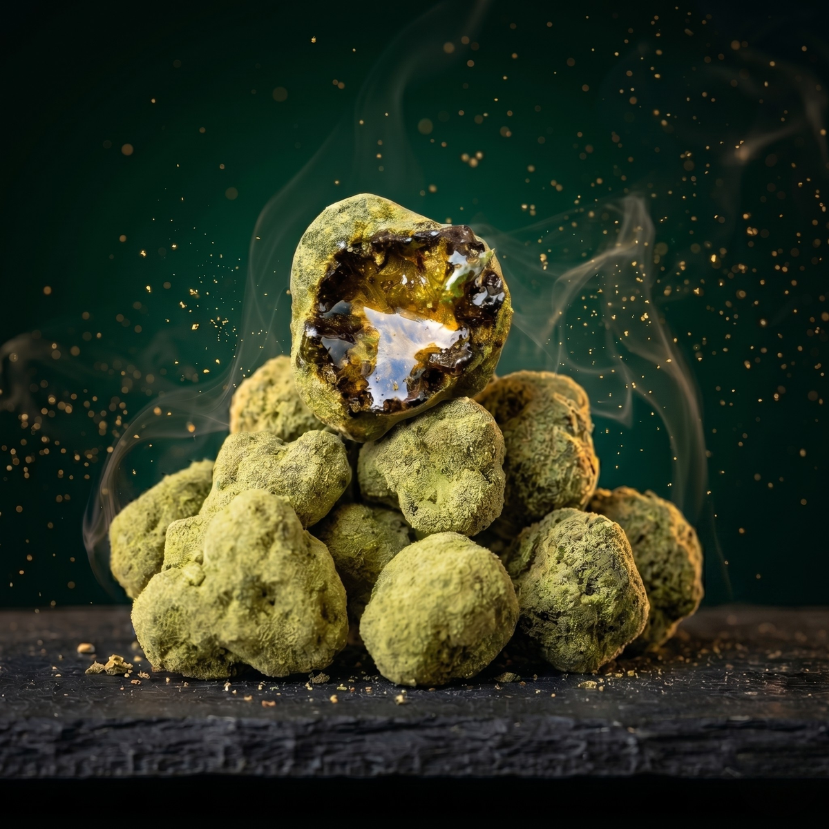 Photo produit d'une pyramide de fleurs de Moonrock CBD puissant posée sur un socle en pierre noire texturée. Au sommet, une tête de chanvre ouverte dévoile un cœur d'extrait de wax ambré, ultra brillant, liquide et translucide, capturant intensément la lumière. Les têtes de la pile sont denses et entièrement recouvertes d'une couche épaisse de kief pollen vert clair. L'arrière-plan vert sombre est mis en valeur par de fines volutes de fumée blanche et des paillettes dorées scintillantes en suspension.