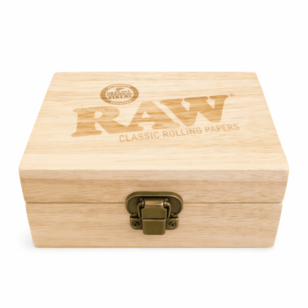 Boîte RAW Classic Rolling Papers en bois naturel gravé, fermeture laiton antique, rangement accessoires CBD et tabac, cadeau fumeur original pas cher livraison France