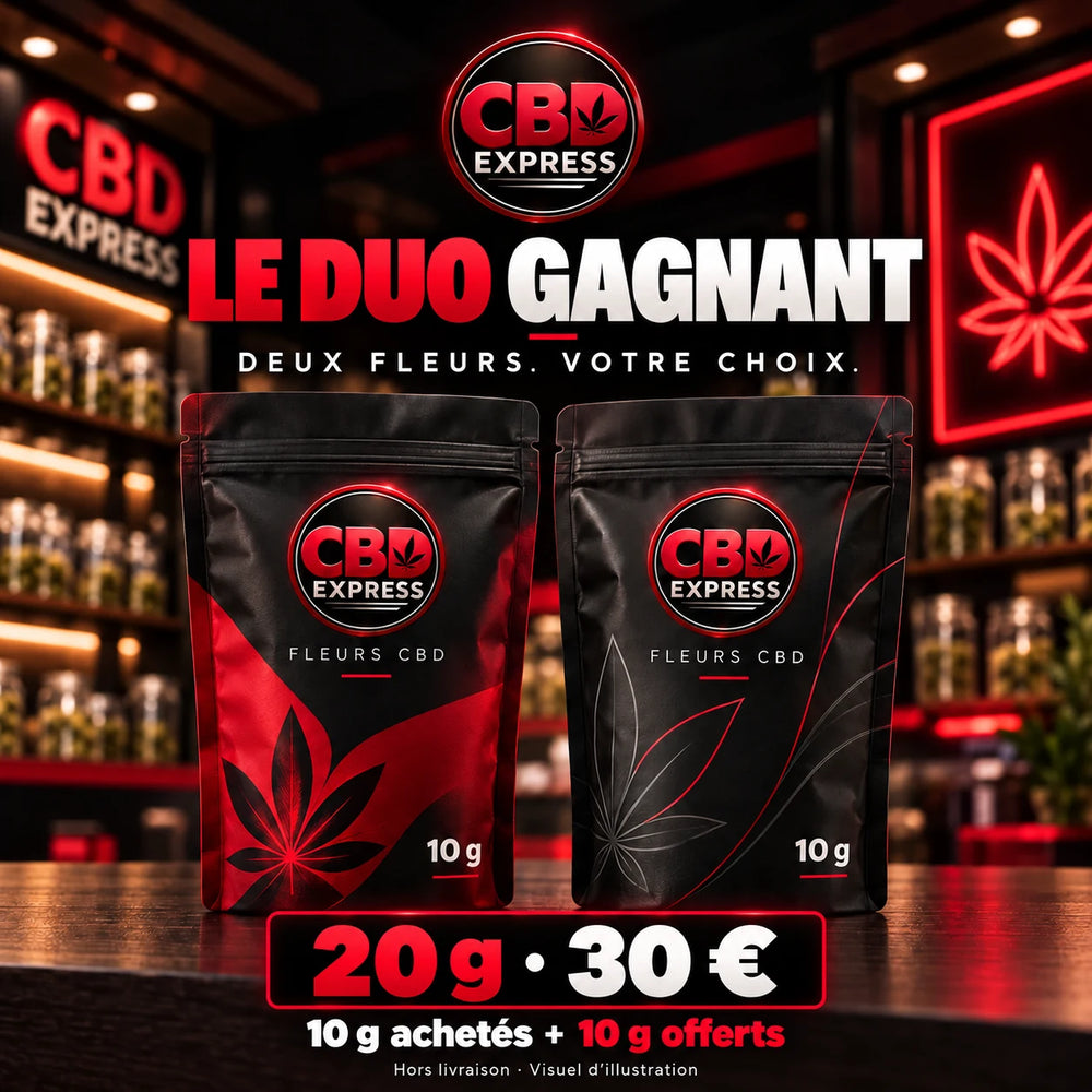 Le Duo Gagnant CBD Express : deux sachets de 10 g au choix, 20 g à 30 euros hors livraison — visuel d’illustration