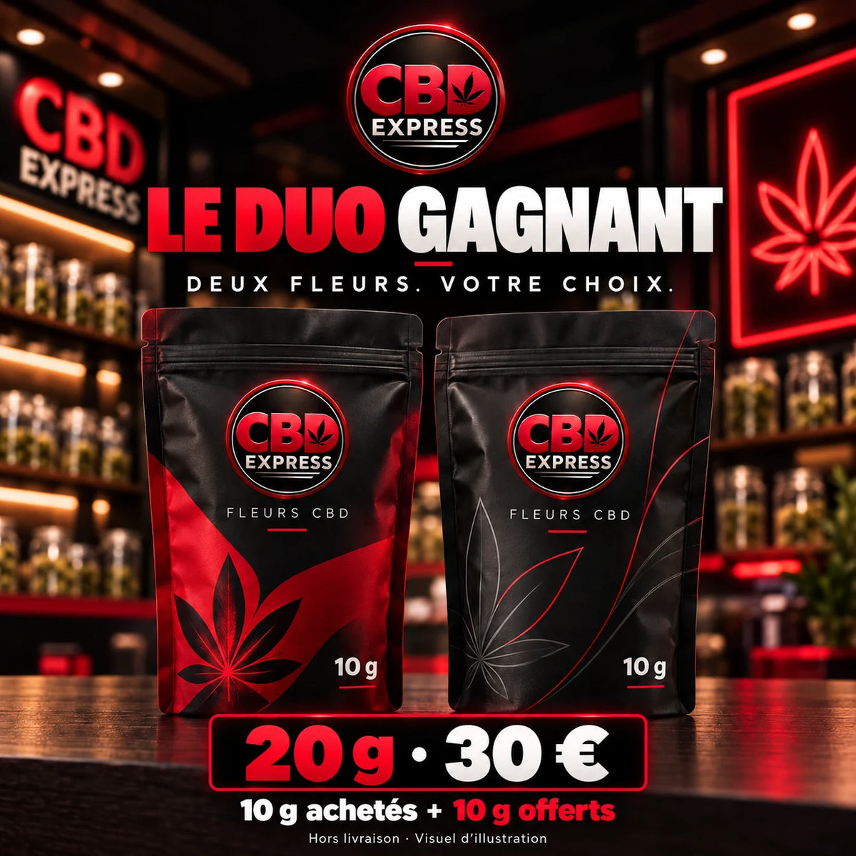 Le Duo Gagnant CBD Express : deux sachets de 10 g au choix, 20 g à 30 euros hors livraison — visuel d’illustration