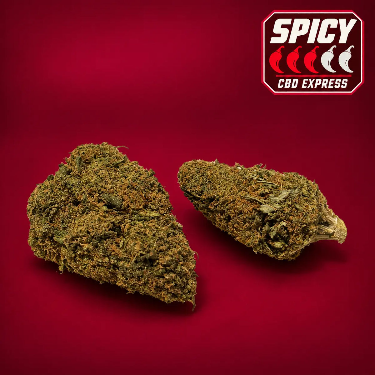 Fleurs CBD Special Sauce : vue d’ensemble des deux têtes, badge Spicy 3 piments sur 5.