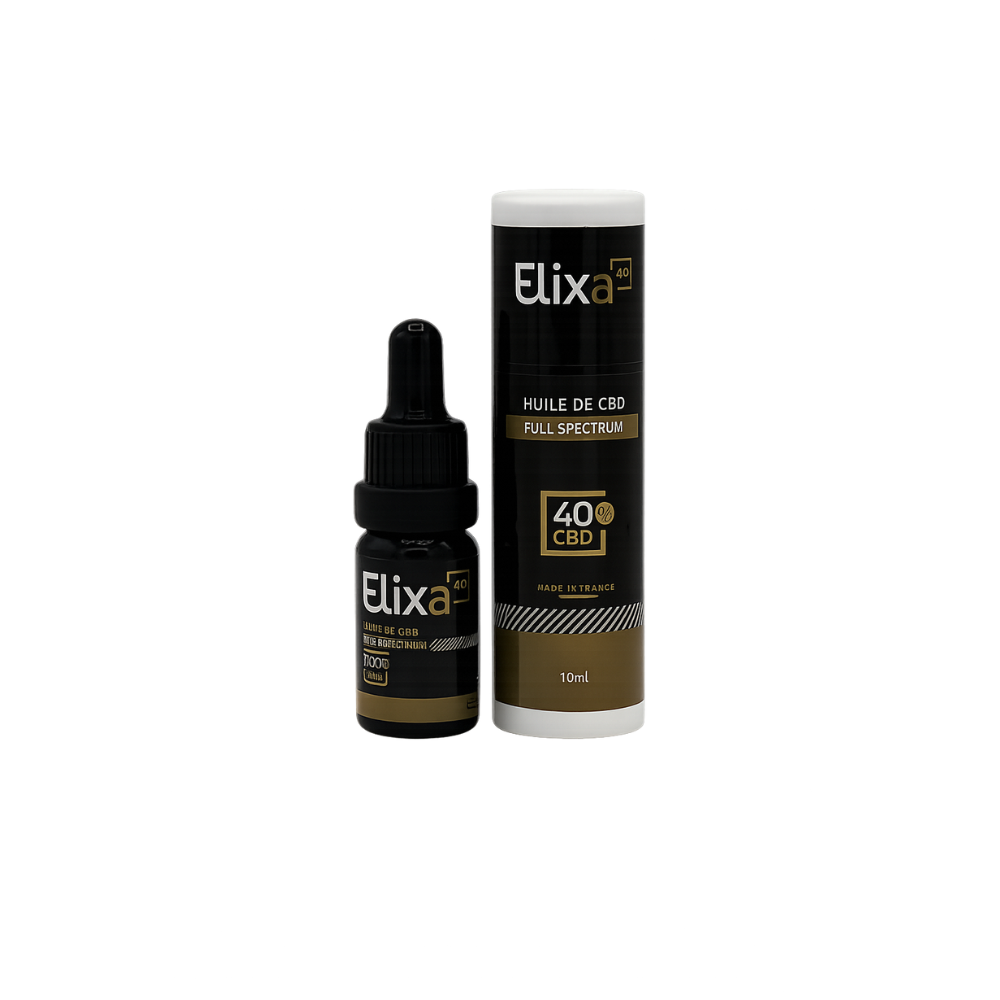 Flacon et étui de Huile CBD Elixa 420 Full Spectrum 40% présentation élégante en noir et doré pour usage expert.