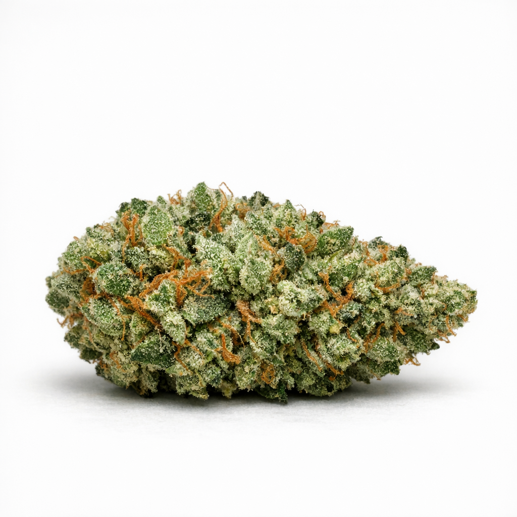 Photo produit sur fond blanc uni montrant une tete de fleur CBD+ Lemon en gros plan, posee a plat au centre de l image. La fleur est compacte, allongee et volumineuse, de couleur vert clair a vert olive, avec une couverture dense de trichomes blancs et de fins pistils orange. Le packshot met en avant une texture resineuse, manucuree et cristallisee. Aucun texte, logo ou promotion n est visible sur l image.