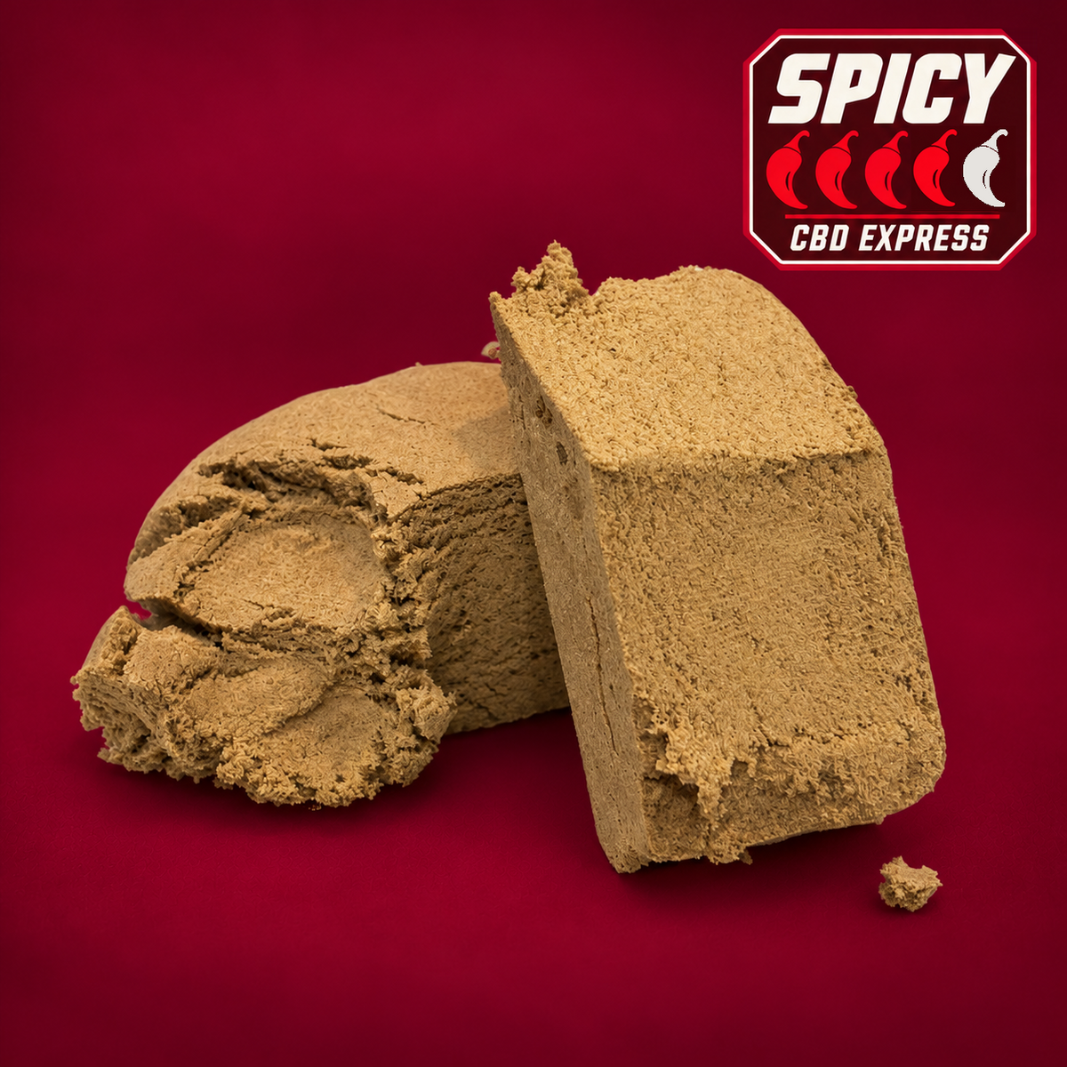 Mousse Hash CBD — photo boutique retouchée sur fond bordeaux, badge Spicy quatre piments sur cinq.