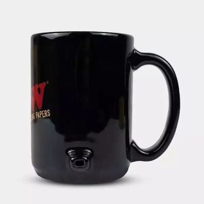 Détail mug RAW Wake Up Bake Up – pipe céramique noire bol fumer intégré joint roulé posé, accessoire fumeur CBD design collector fonctionnel, cadeau original anniversaire fumeur livraison rapide France