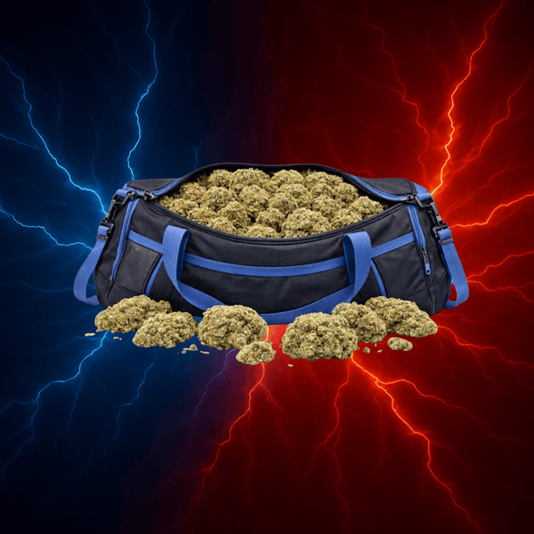 Sac de sport rempli de Fleur CBD+ "OG Kush" avec éclairs bleu et rouge en arrière-plan, collection Get High.