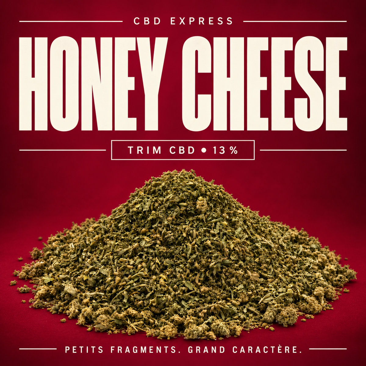 Trim Honey Cheese 13 % CBD Express : petits fragments de fleur CBD sur fond bordeaux.